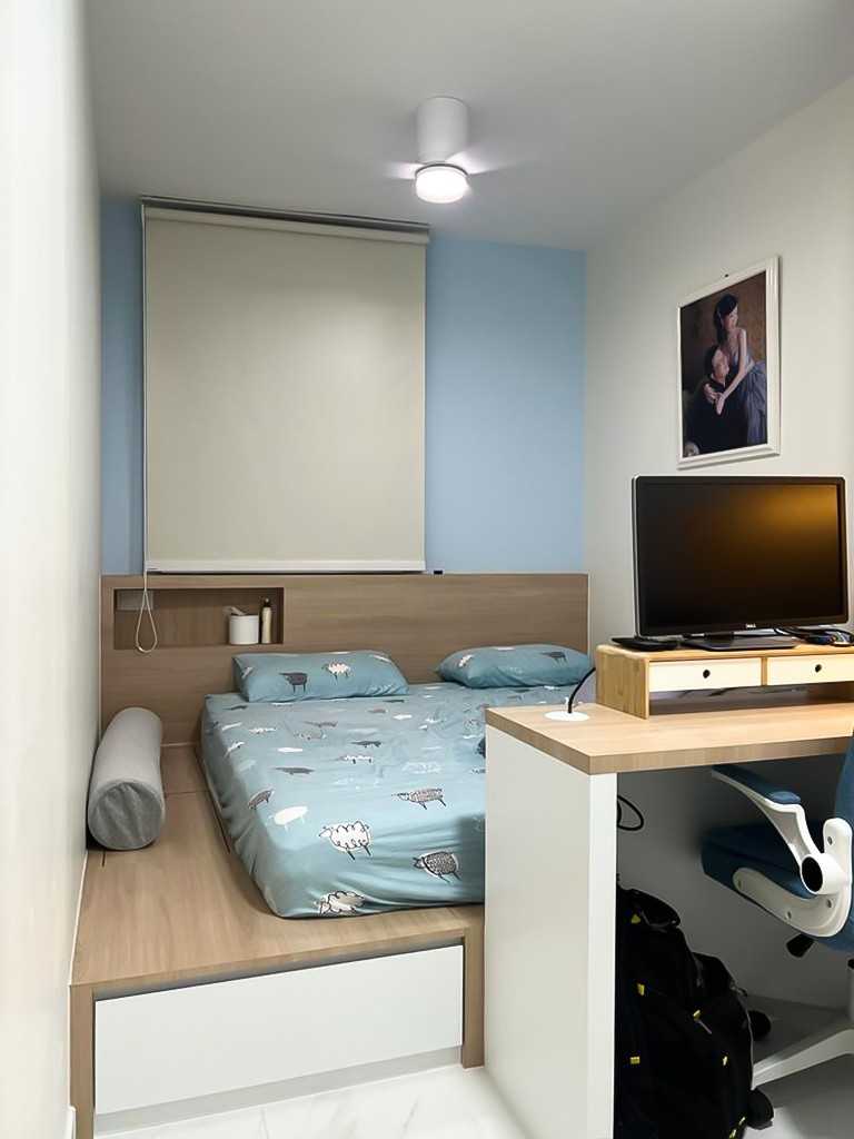 Scandinavian Bedroom with Built-in Bed and Paintings