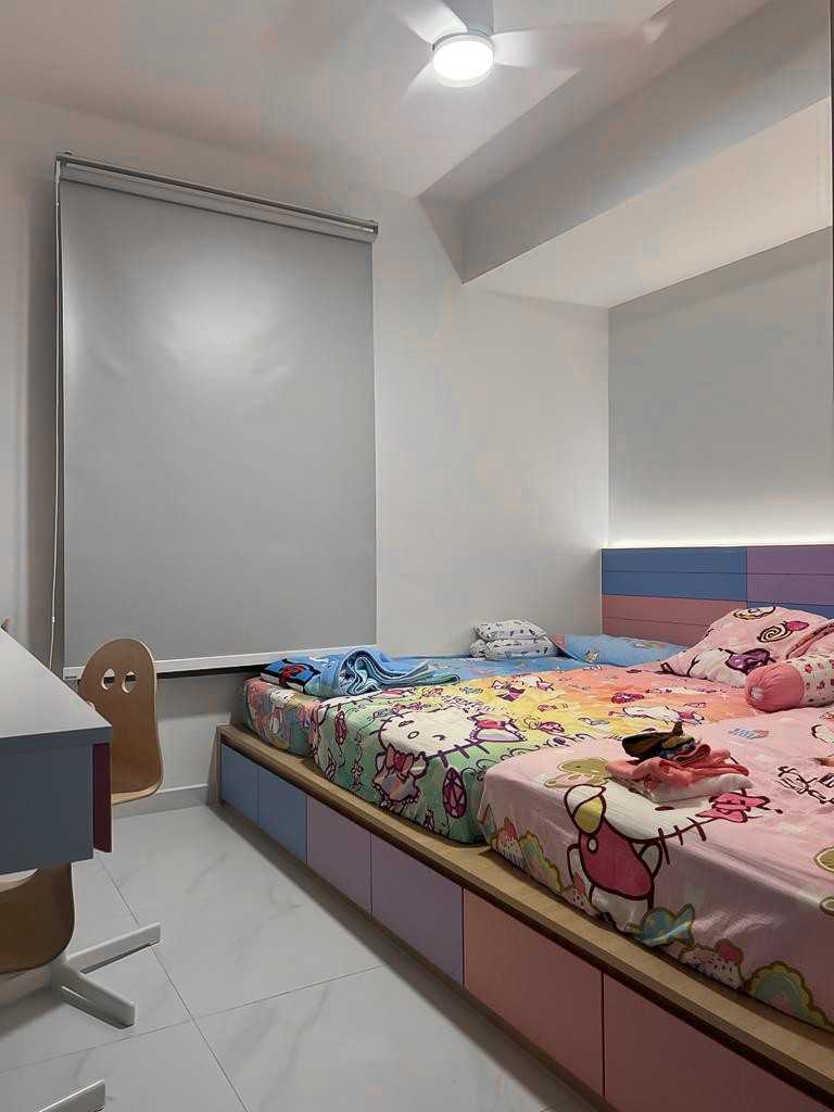 Scandinavian Kids Room with Built-in Bed and Paintings