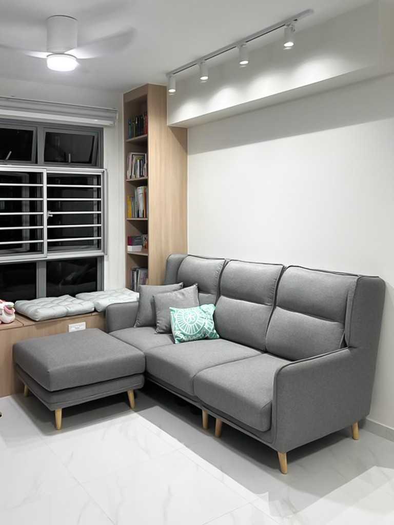 Scandinavian Living Room with Bookshelf and Window Seat