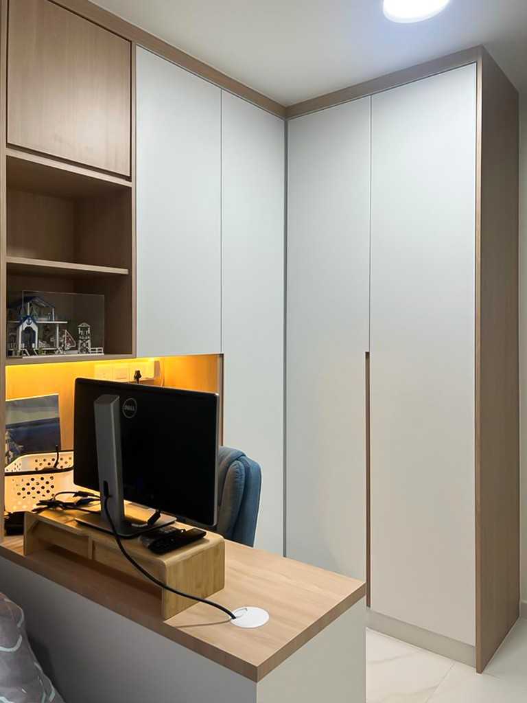 Scandinavian Bedroom with Bookshelf and Wardrobe