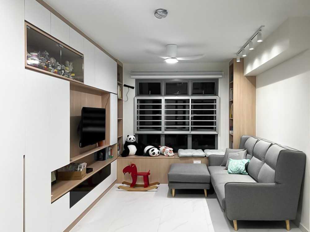 Scandinavian Living Room with TV Console and Window Seat