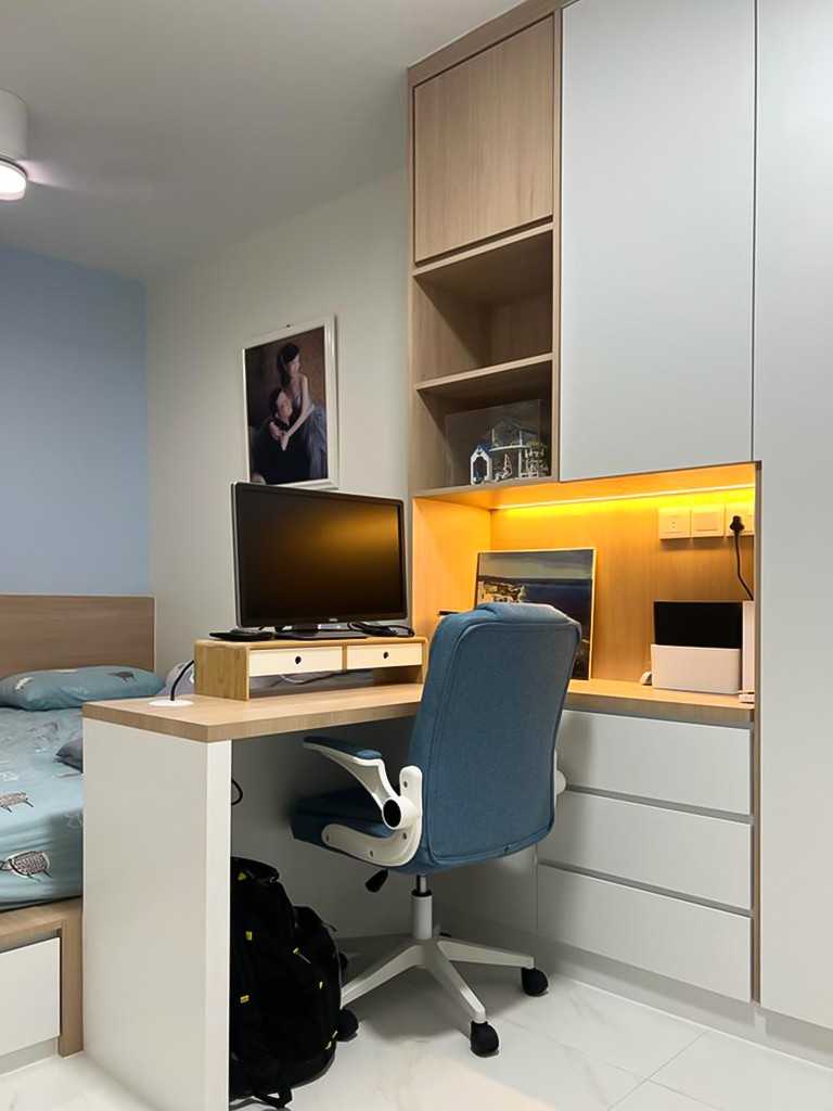 Scandinavian Bedroom with Desk Chairs and Storage Cabinets