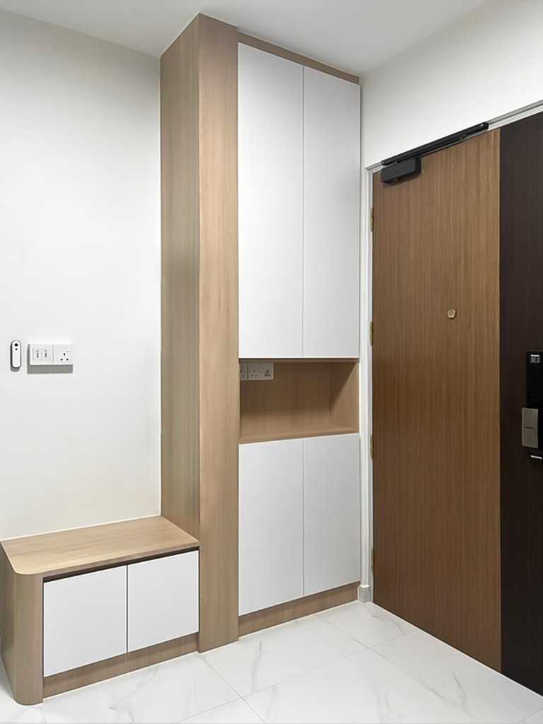 Scandinavian Foyer with Storage Cabinets and Small Storage