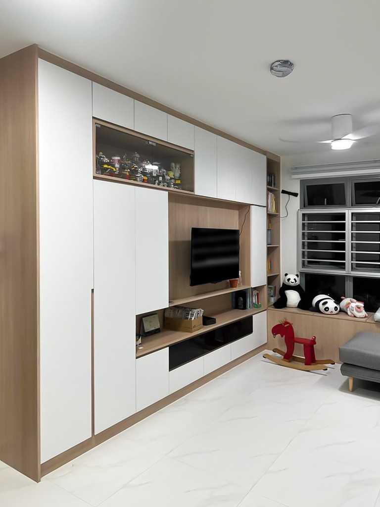 Scandinavian Living Room with TV Console and Window Seat
