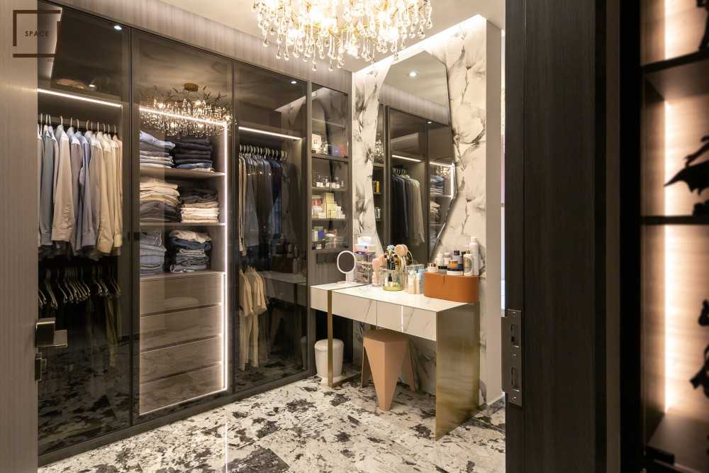 Modern Bedroom with Herringbone Tiling and Wardrobe