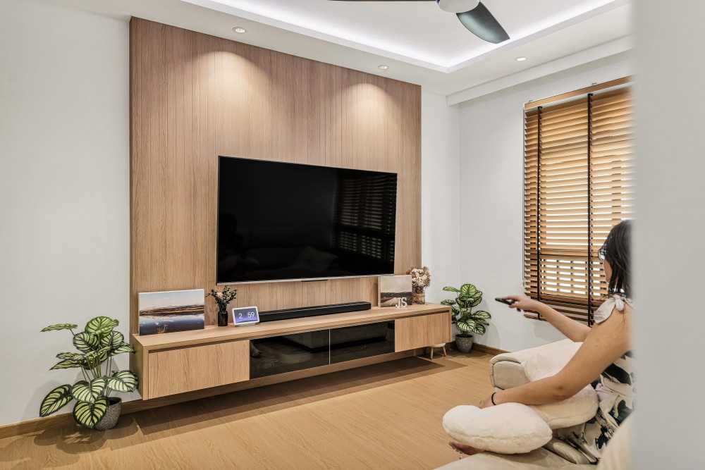 Minimalist Living Room with Wood Flooring and TV Console