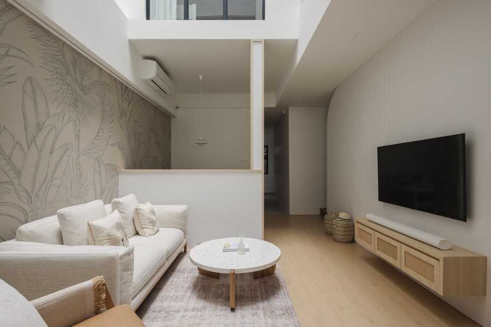 Minimalist Living Room with Wood Flooring and TV Console