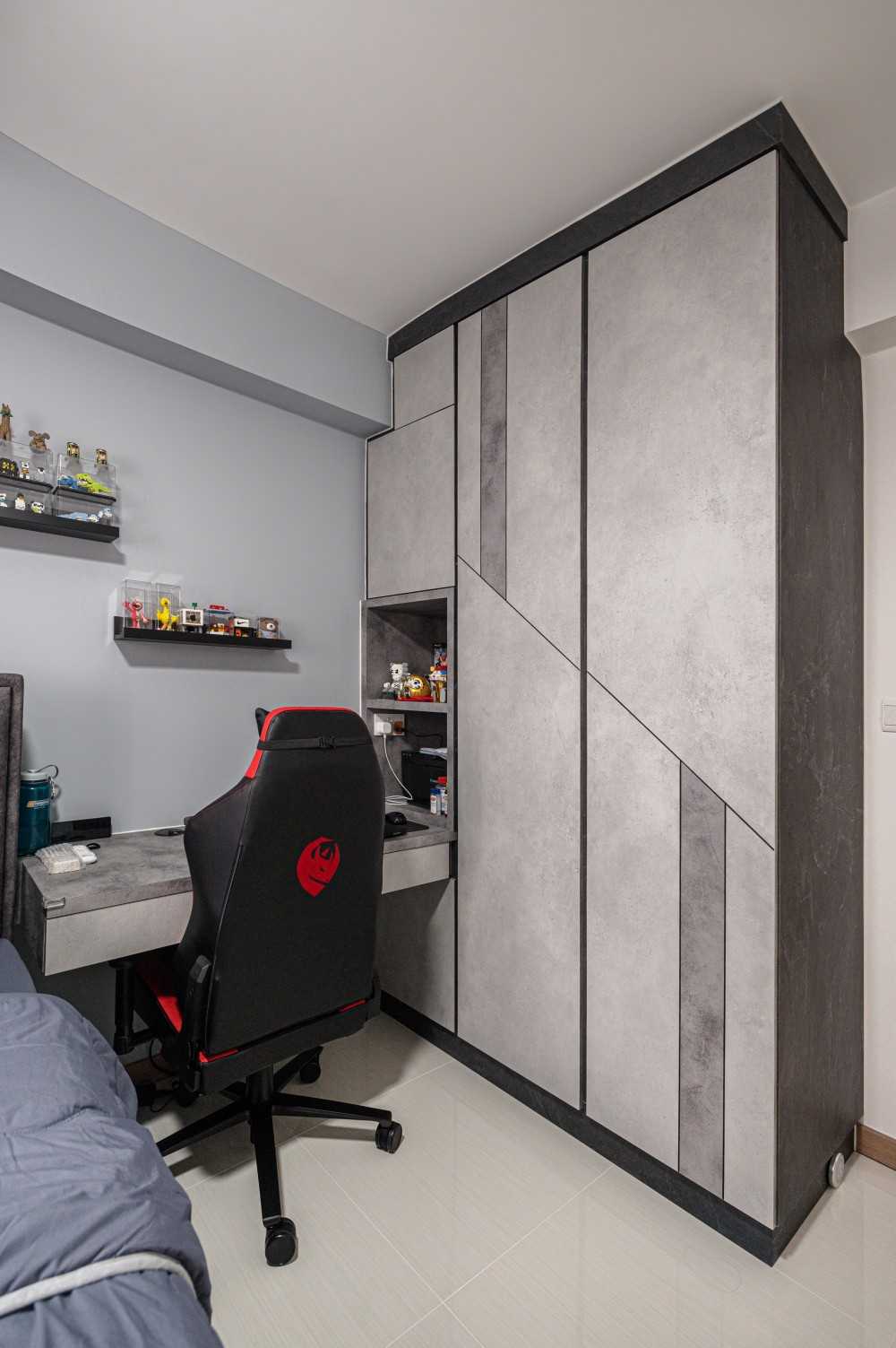 Industrial Bedroom with Bookshelf and Homogeneous Tiles
