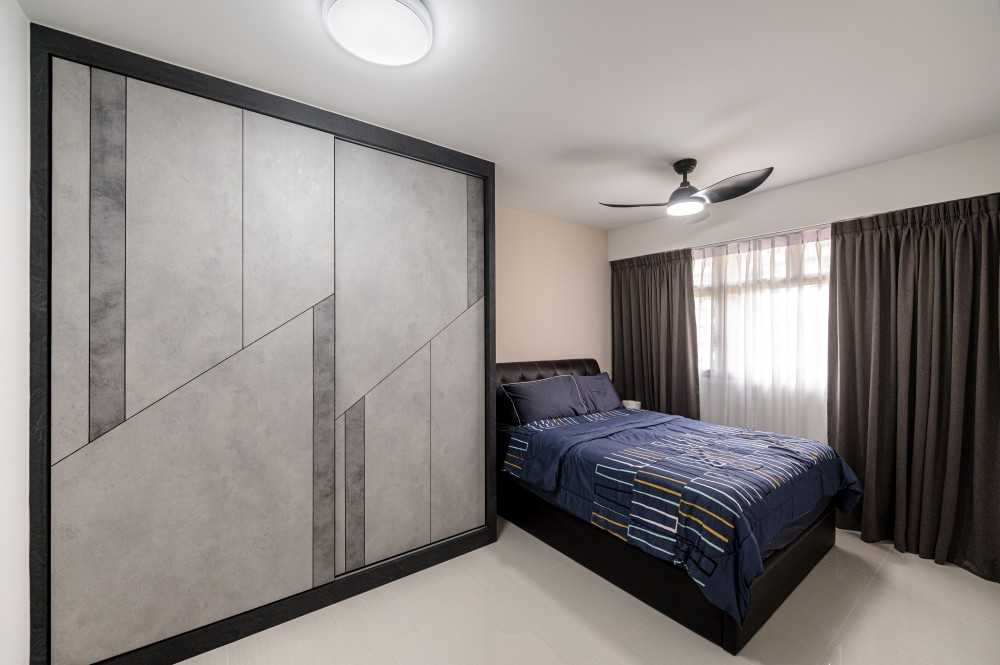 Industrial Bedroom with Homogeneous Tiles and Wardrobe