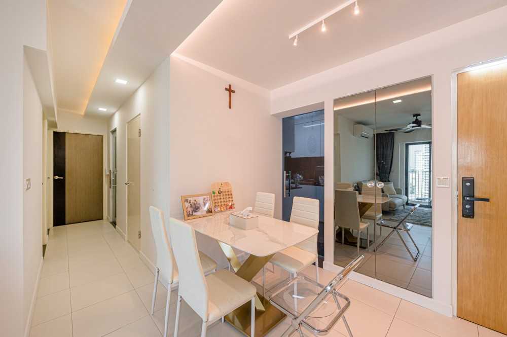 Minimalist Dining Room with Cove Lighting and Downlights