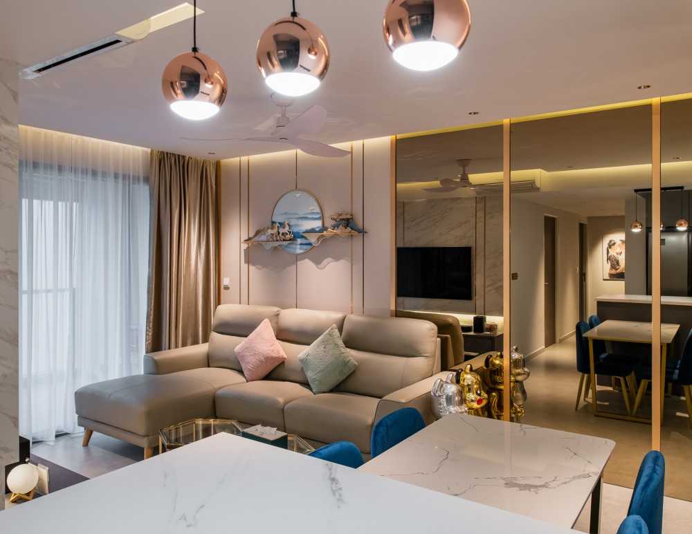 Contemporary Living Room with Feature Wall and Mirror