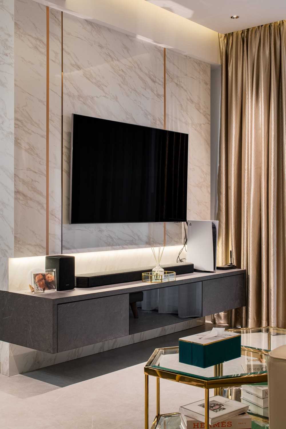 Contemporary Living Room with TV Console and Feature Wall