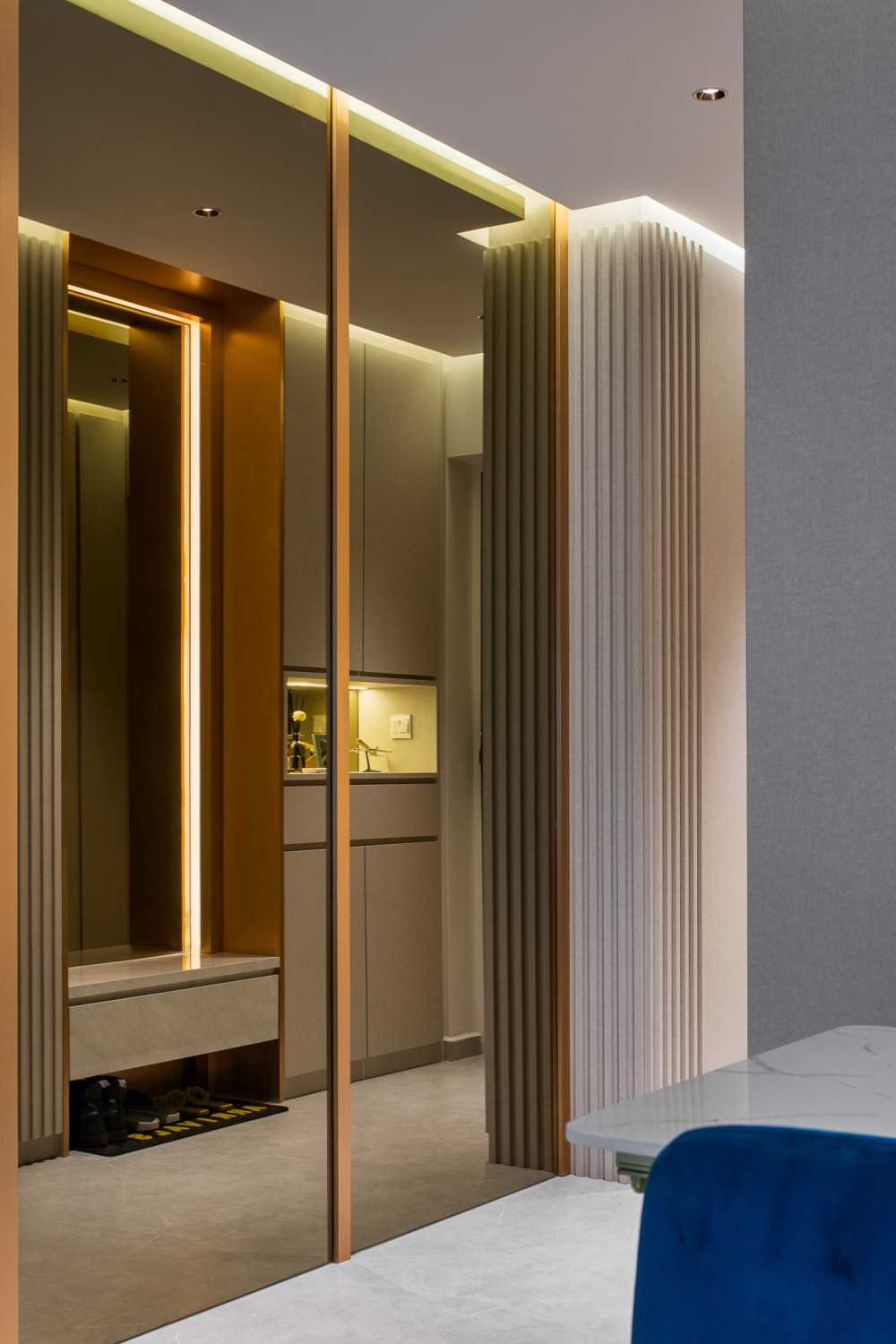 Contemporary Living Room with TV Console and Mirror