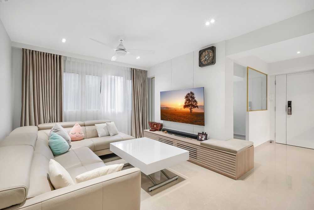 Contemporary Living Room with Marble Floor and TV Console