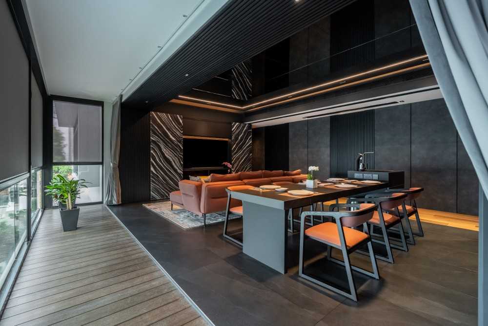 Modern Living Room with Homogeneous Tiles and TV Console