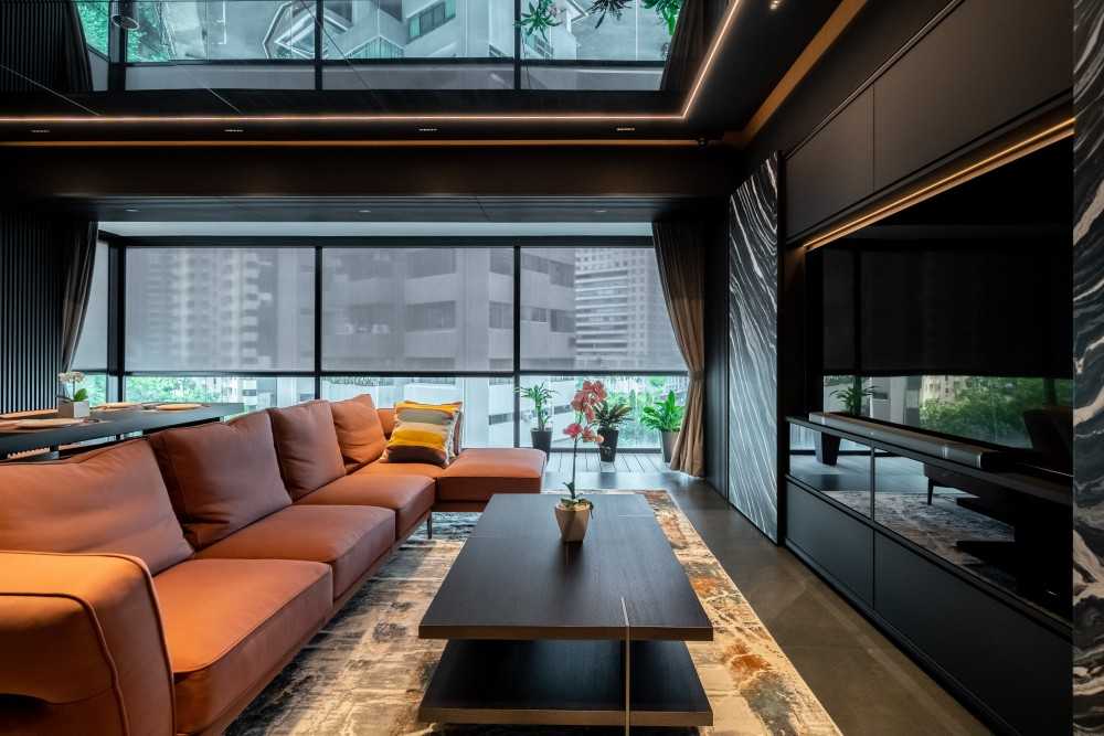 Modern Living Room with Homogeneous Tiles and TV Console