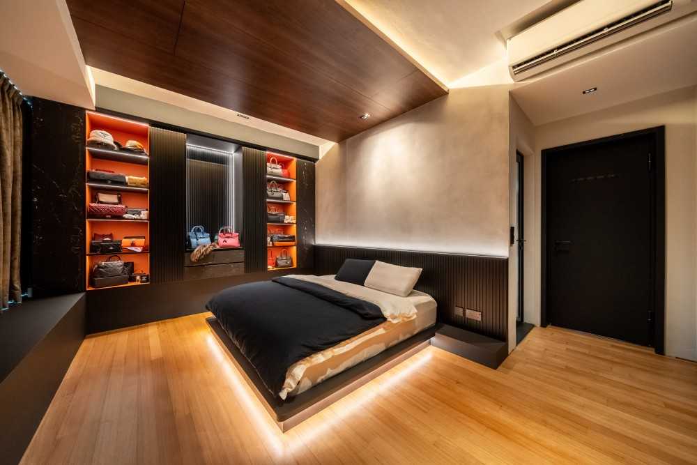 Modern Bedroom with Bookshelf and Platform Bed