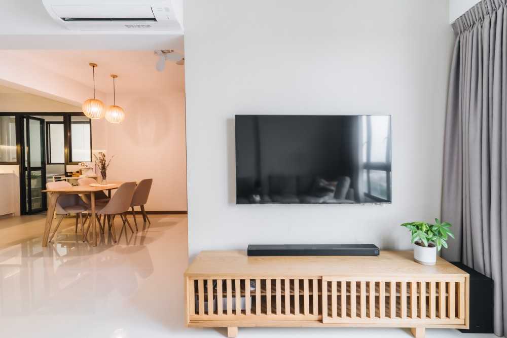 Scandinavian Living Room with TV Console and Curtain