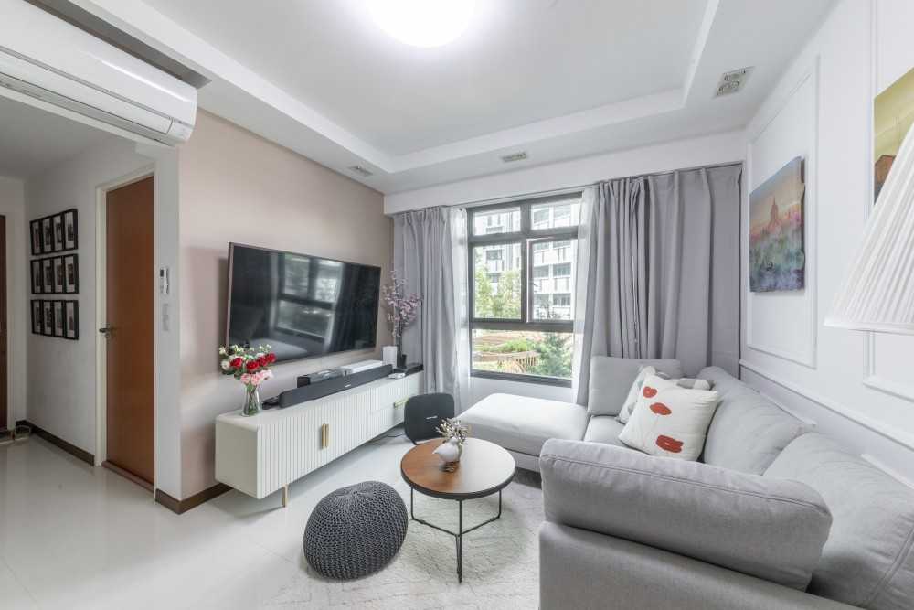 Minimalist Living Room with TV Console and Curtain
