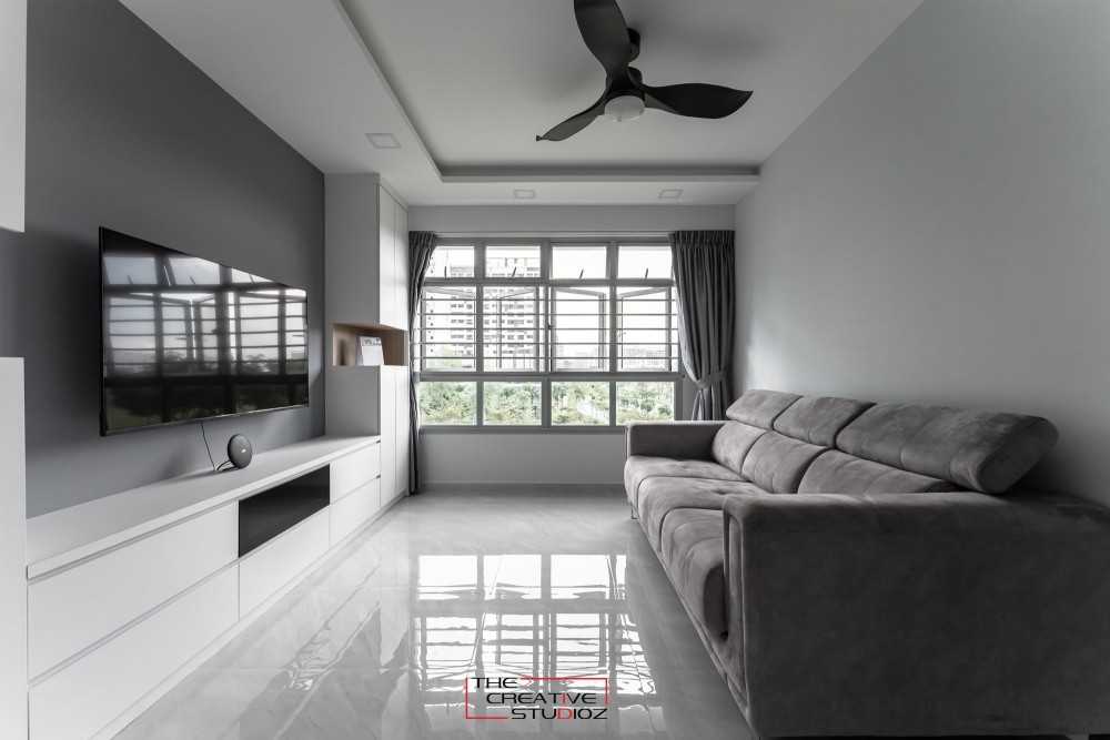 Minimalist Living Room with Homogeneous Tiles and TV Console