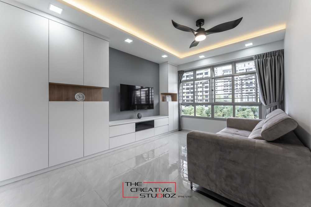 Minimalist Living Room with Homogeneous Tiles and TV Console