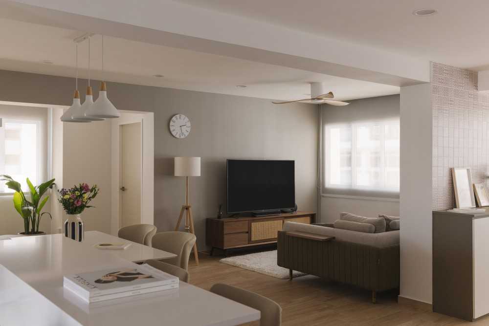Scandinavian Living Room with Wood Flooring and TV Console