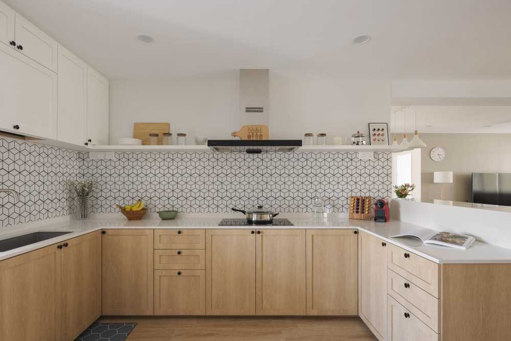 Scandinavian Kitchen with Countertop and Wood Flooring