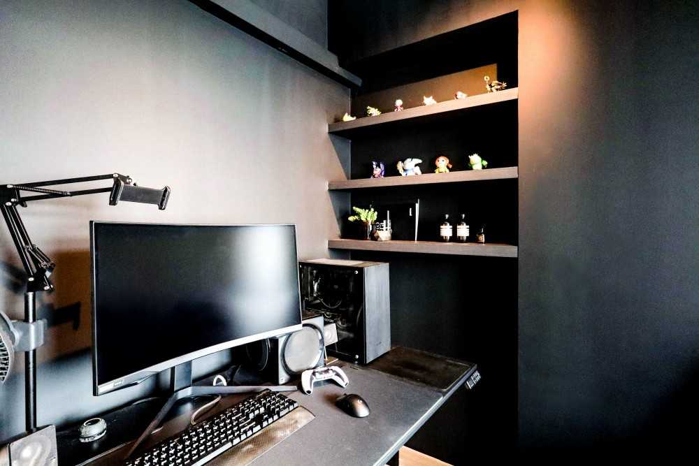 Modern Bedroom with Ceiling Light and Wall Shelves