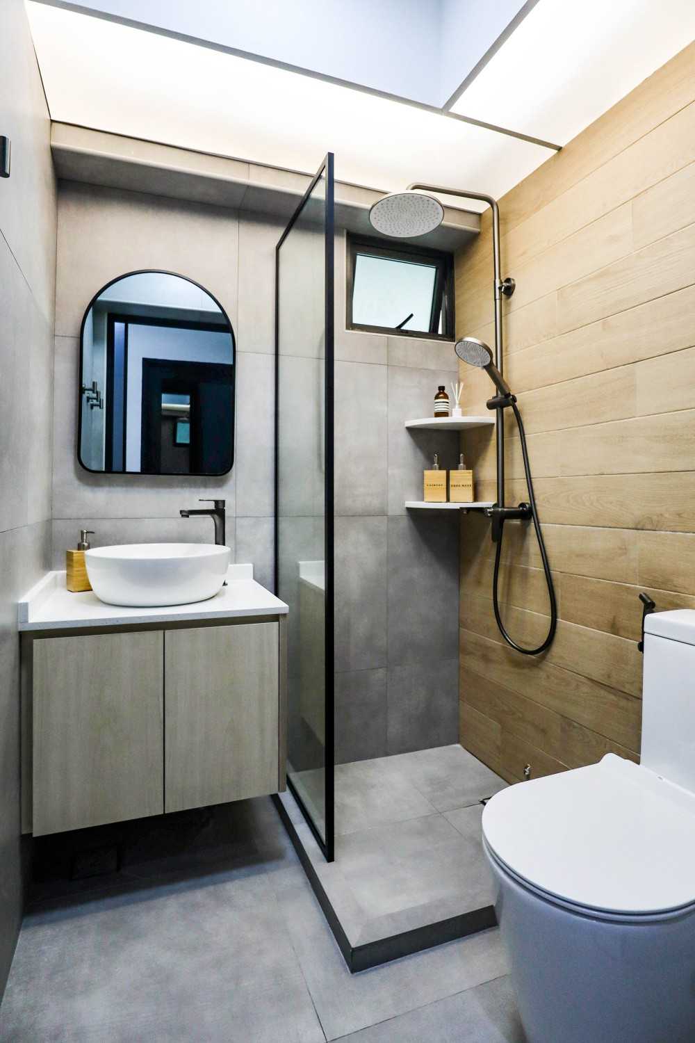 Scandinavian Bathroom with Mirror and Rainshower