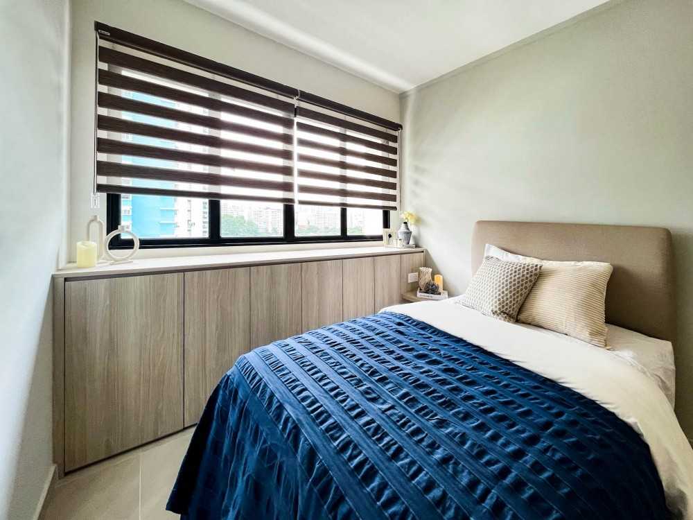 Scandinavian Bedroom with Roller Blinds and Bedside Table