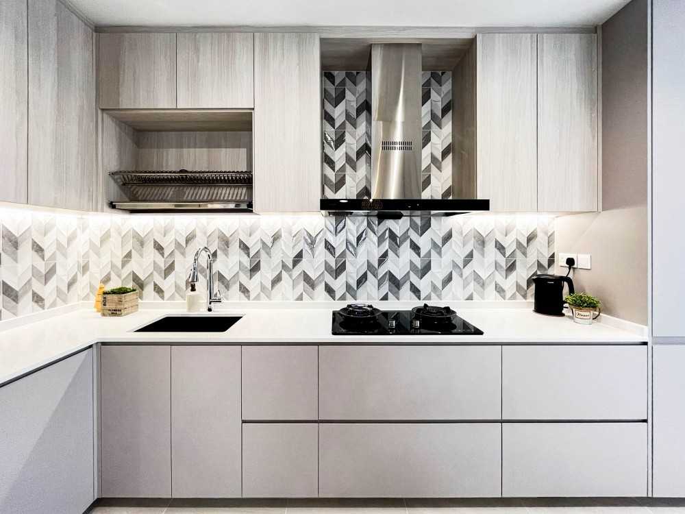 Scandinavian Kitchen with Countertop and Herringbone Tiling