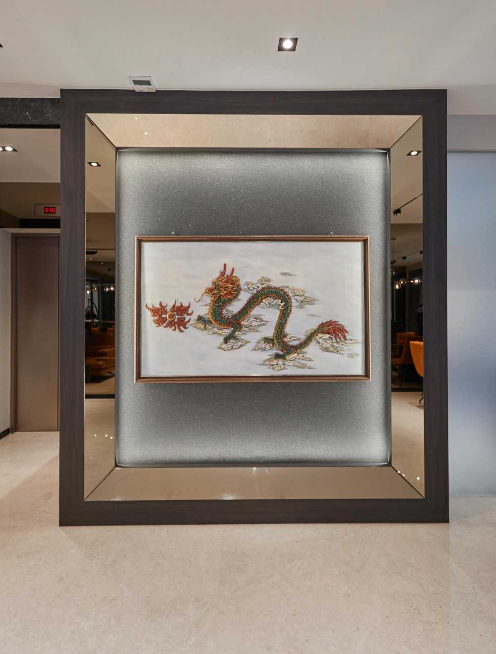 Modern Foyer with Artwork and Display Cabinets