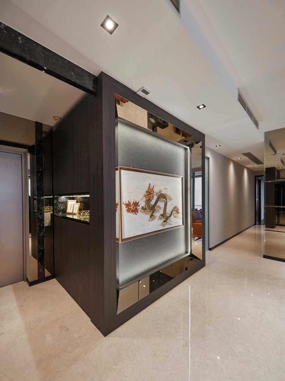Modern Foyer with Paintings and Storage Cabinets