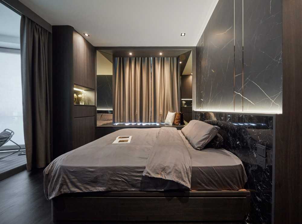 Modern Bedroom with Window Grille and Bedside Table