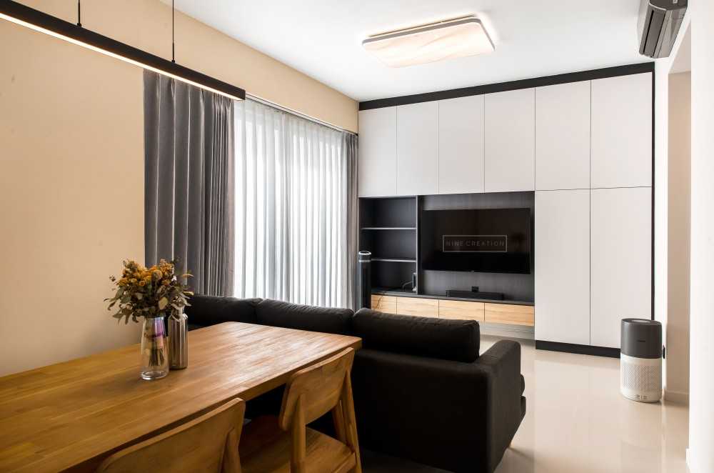 Minimalist Living Room with Homogeneous Tiles and TV Console