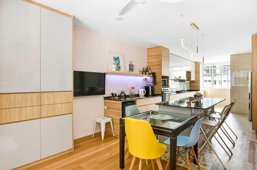 Contemporary Dining Room with Kitchen Island and Dining Table