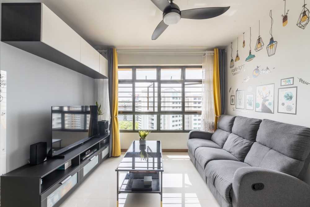 Contemporary Living Room with TV Console and Ceiling Fan