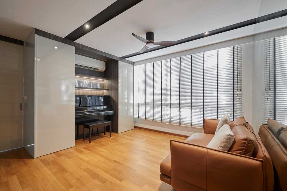 Modern Studio with Window Shutters and Storage Cabinets