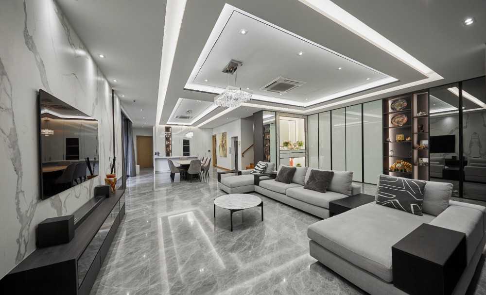 Modern Living Room with Paintings and Storage Cabinets