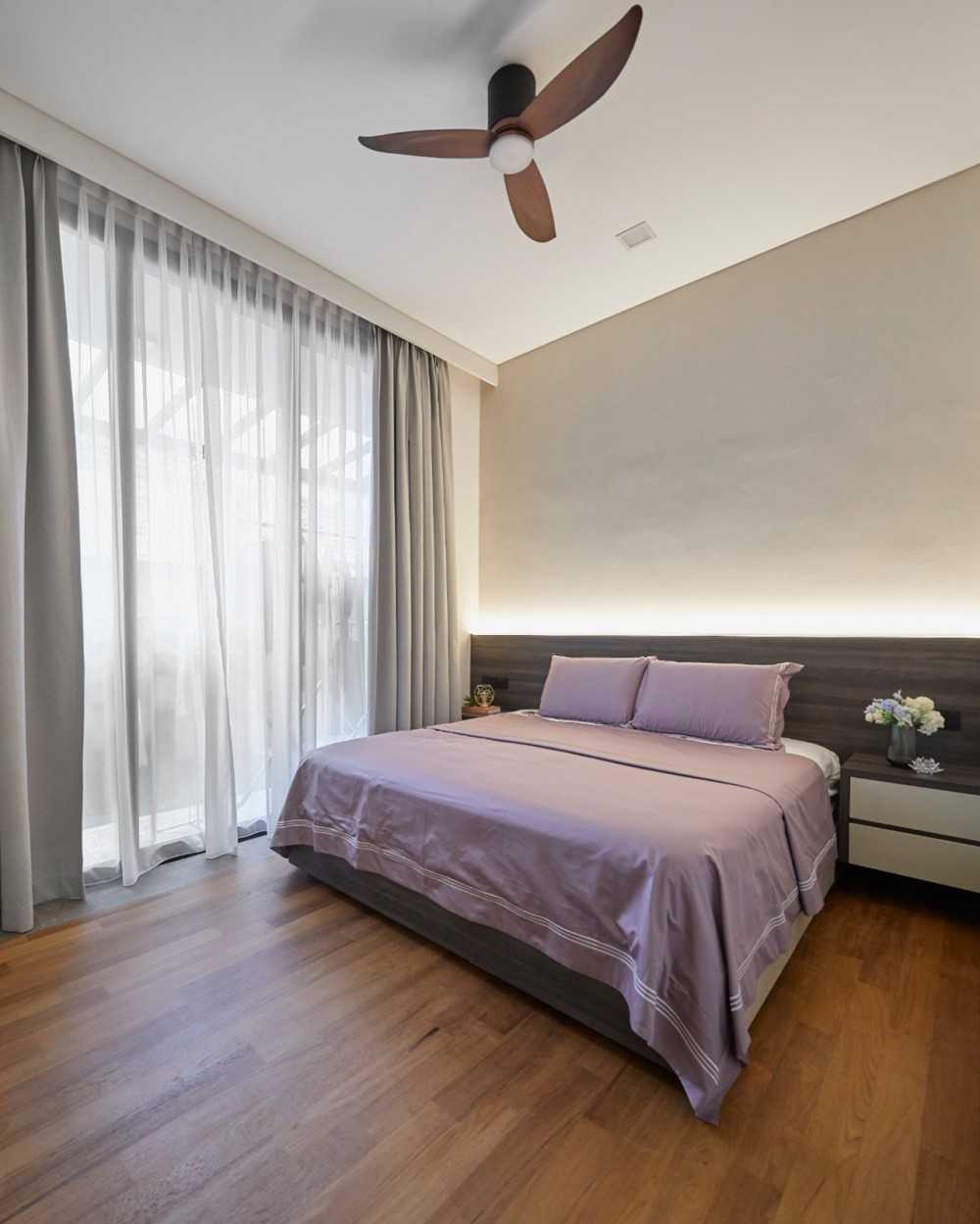 Modern Bedroom with Window Grille and Bedside Table
