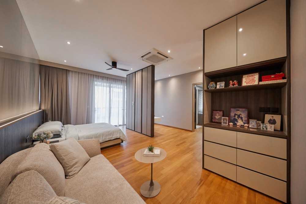 Modern Bedroom with Bookshelf and Storage Cabinets