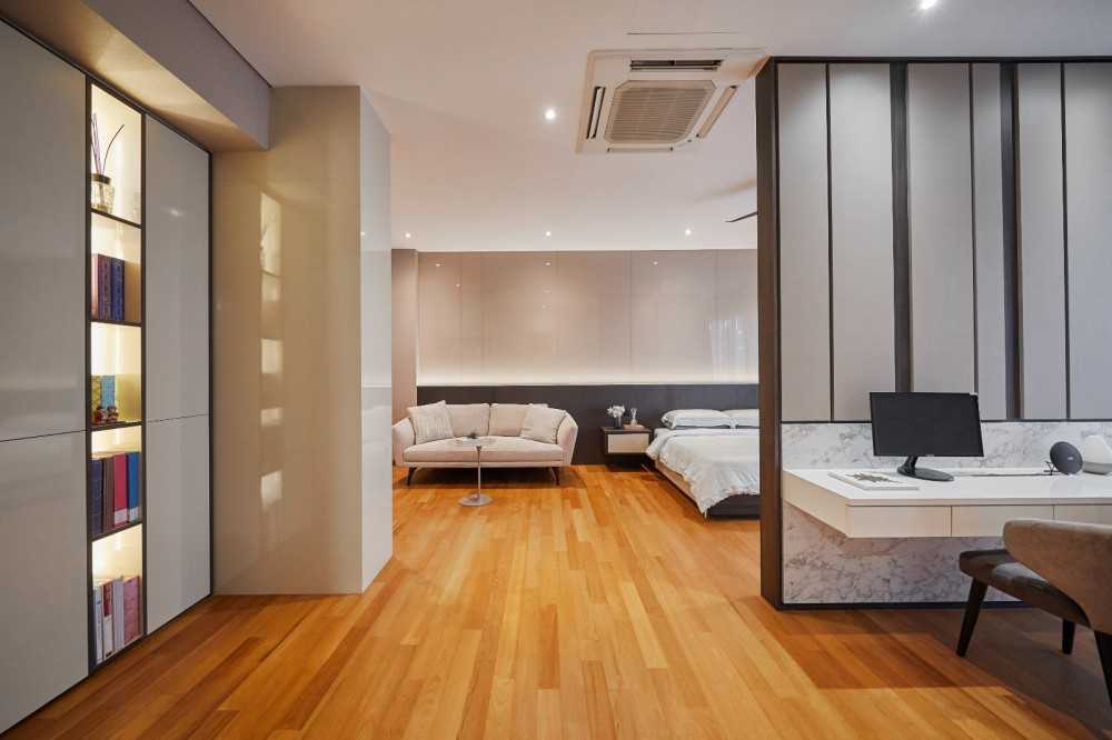 Modern Bedroom with Paintings and Desk