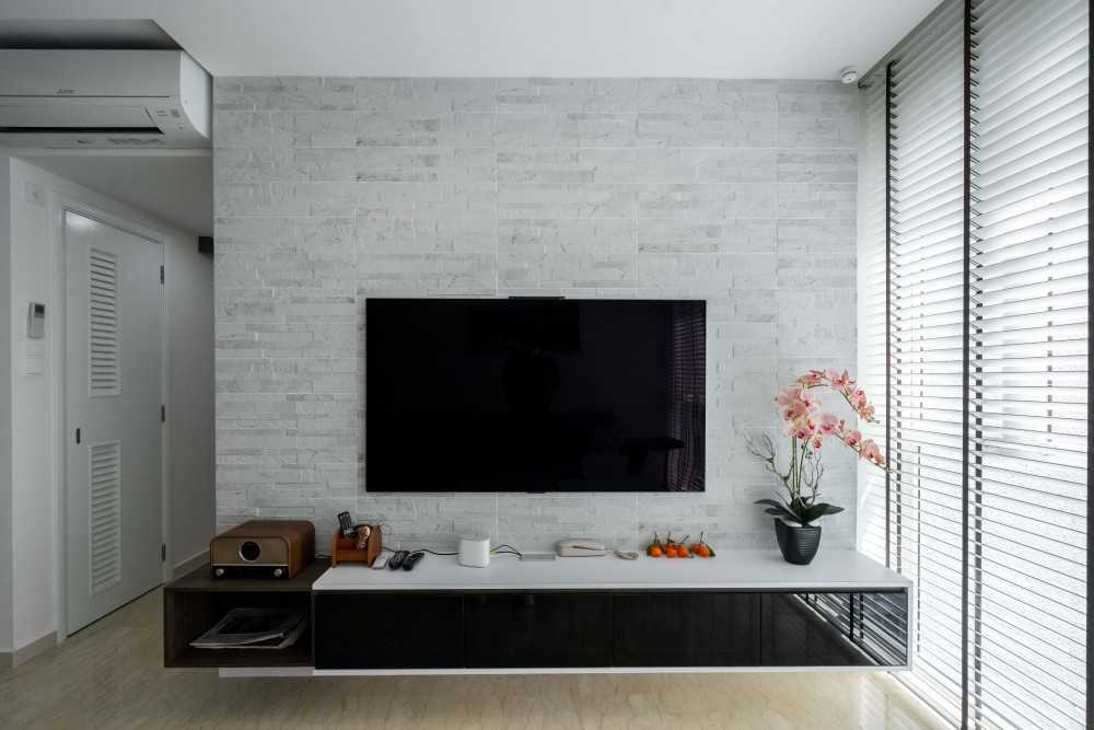 Contemporary Living Room with Homogeneous Tiles and TV Console