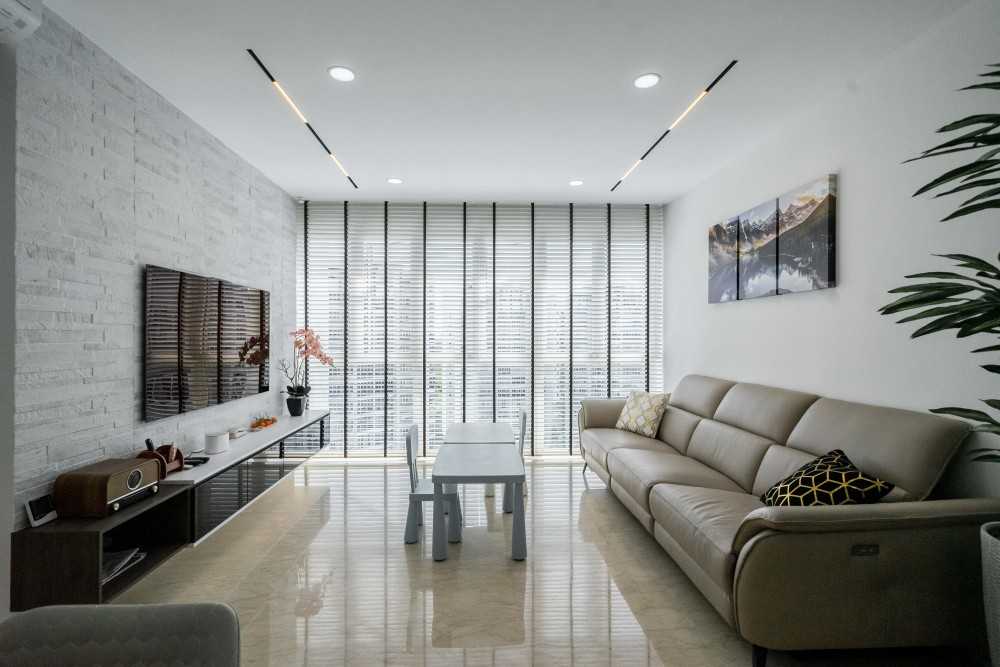Contemporary Living Room with Homogeneous Tiles and TV Console
