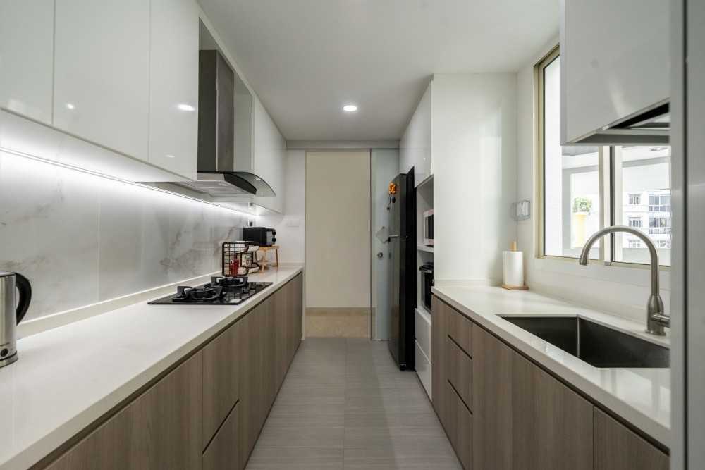 Contemporary Kitchen with Countertop and Herringbone Tiling