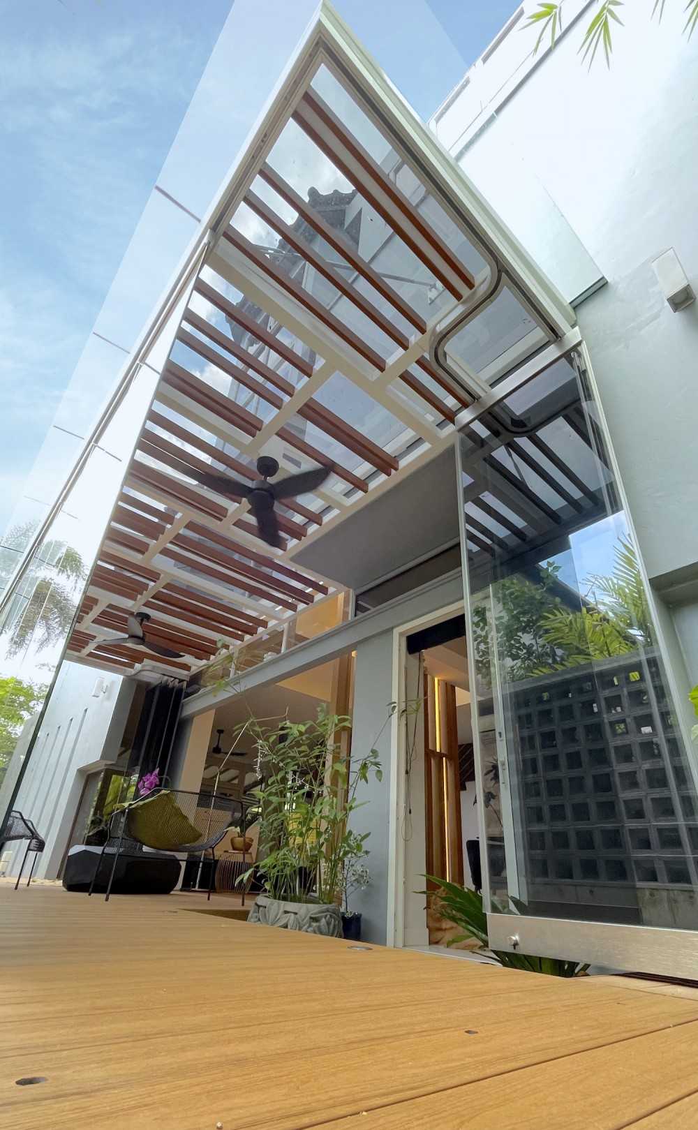 Transitional Patio with Glass Door and Window Seat