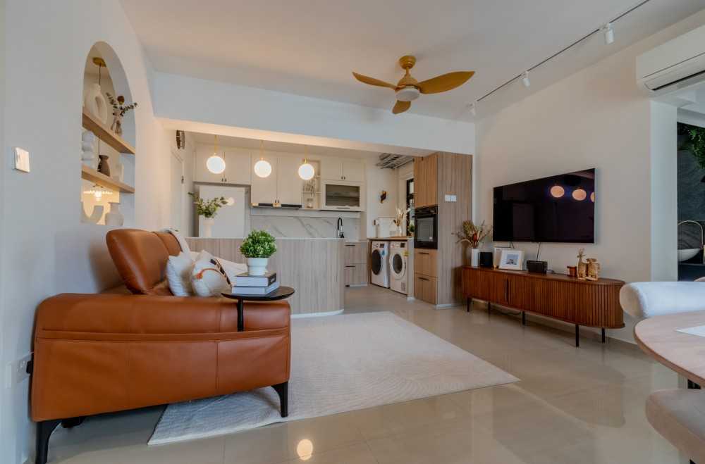 Scandinavian Living Room with TV Console and Feature Wall