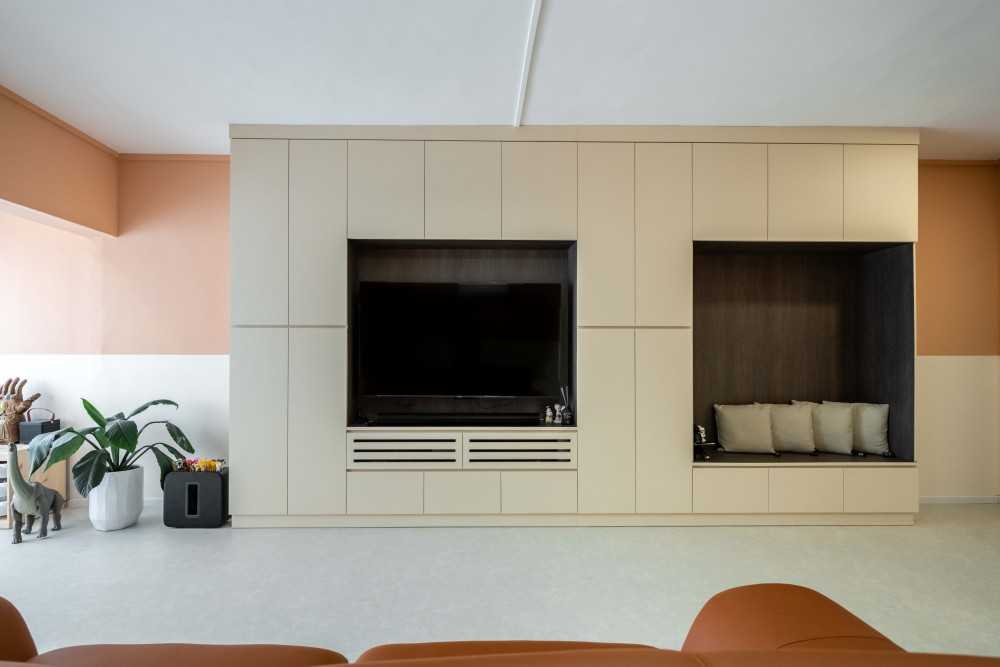 Contemporary Living Room with TV Console and Feature Wall
