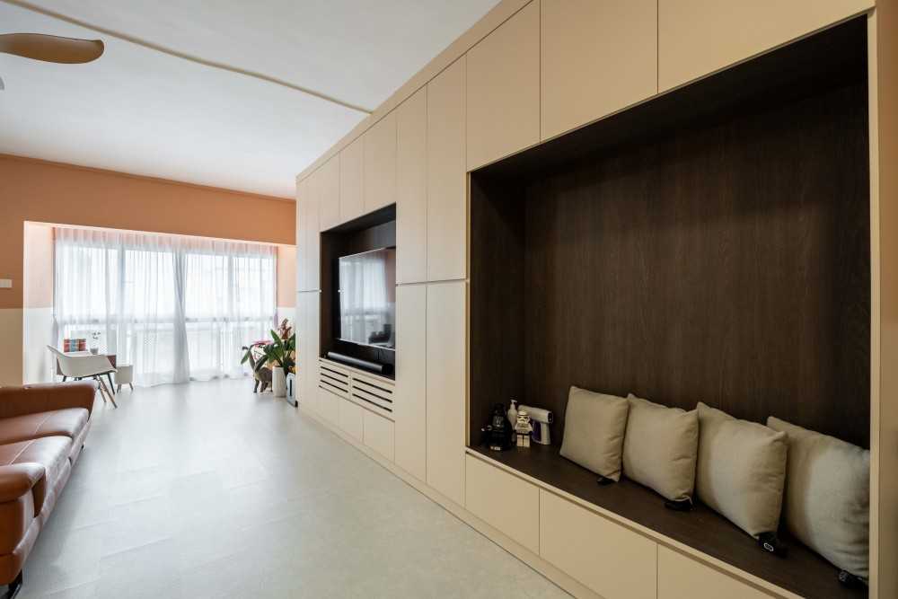 Contemporary Living Room with Herringbone Tiling and TV Console