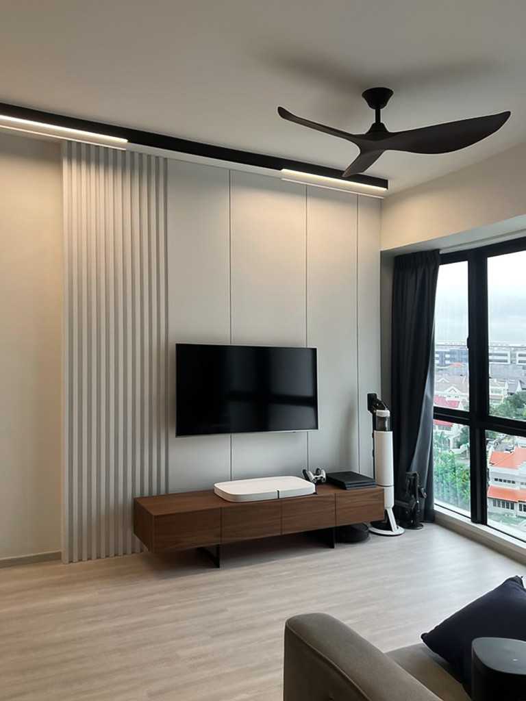 Scandinavian Living Room with TV Console and Feature Wall
